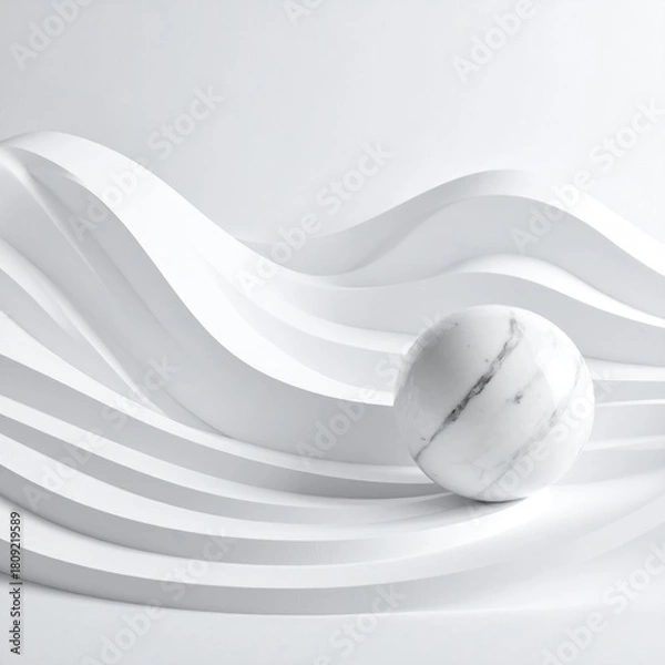 Fototapeta Marble sphere on flowing, layered white forms