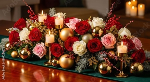 Fototapeta Romantic Christmas candle centerpiece with pink and red roses, pine branches, gold ornaments, evening bokeh lights, elegant festive decoration.
