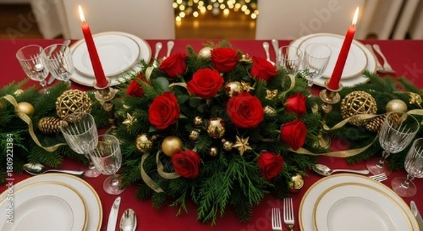 Fototapeta Elegant Christmas table centerpiece with red roses, gold ornaments, lush green pine leaves, warm holiday lights, festive dinner setting, soft bokeh background.
