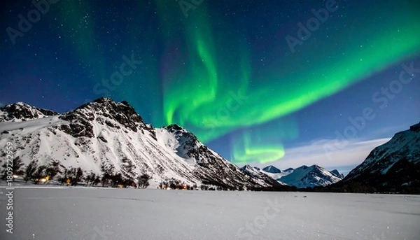 Obraz Green aurora borealis dances above a snow-covered landscape with mountains under a dark blue starry night sky