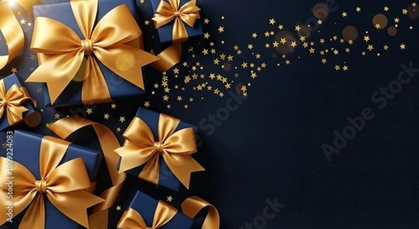 Fototapeta Elegant Blue Gift Boxes with Golden Ribbons and Confetti.