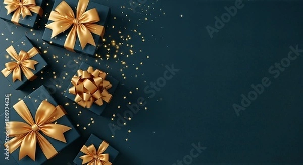 Obraz Elegant Gift Boxes with Golden Ribbons on Dark Background.