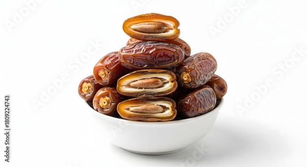 Fototapeta Sweet, dried dates piled high in a white bowl, offering a healthy and delicious snack.
