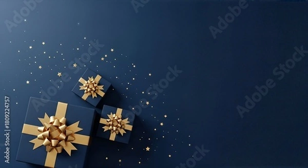 Obraz Elegant Gift Boxes with Gold Bows on Dark Blue Background.