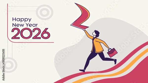 Fototapeta Illustration of happy new year 2026 with man holding a symbol running on a striped hill