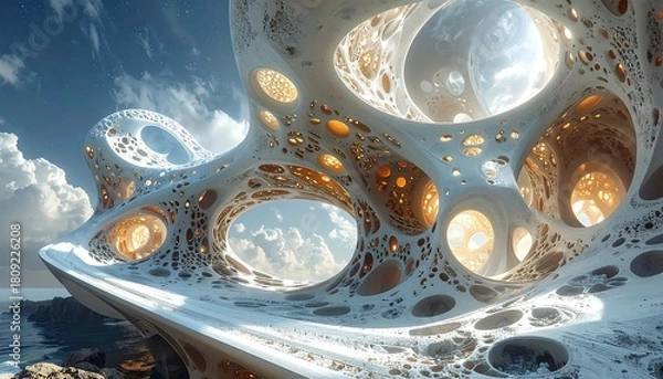 Fototapeta Organic architecture Abstract, white porous structure under a bright blue sky, coastal landscape in background