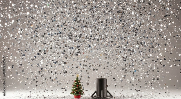 Obraz Metallic confetti in mid-air creating a cloud effect. Small Christmas tree and cannon base on the ground.  Confetti cannon burst action shot, festive silver explosion