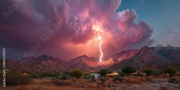 Fototapeta Dramatic lightning bolt illuminating the sky over a rugged mountain range during a powerful thunderstorm