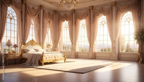 Fototapeta Ornate bedroom with large windows, golden accents, and soft light creating a luxurious, peaceful atmosphere