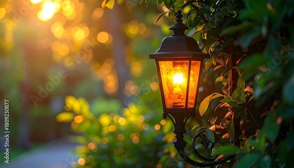 Fototapeta Ornate black lantern with warm light surrounded by lush green foliage in a sun-dappled setting