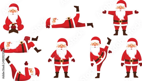 Fototapeta Santa Claus in various yoga poses demonstrating flexibility and fitness.