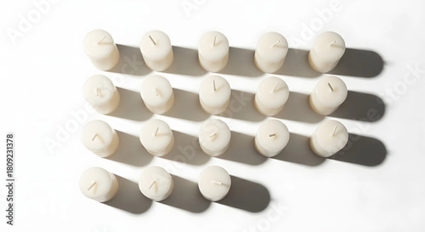 Fototapeta Arrangement of small, white, unlit tea light candles casting soft shadows on a white surface.