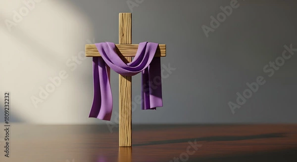 Fototapeta Wooden cross draped with purple fabric, symbolizing Lent and solemn reflection