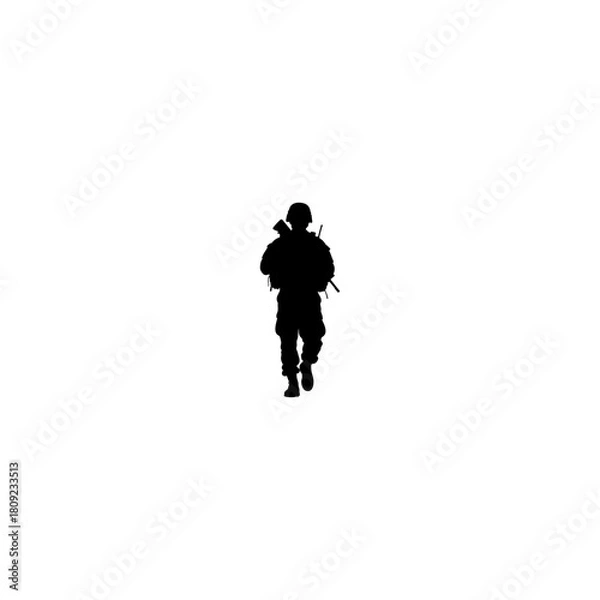 Fototapeta Silhouette of a soldier walking forward with a rifle on a white background in a full body shot view
