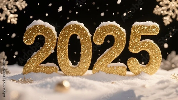 Fototapeta Sparkling golden 2025 new year design with festive snow and magical holiday atmosphere