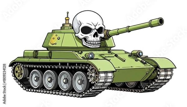 Obraz Green cartoon tank bearing a skull, isolated. Bold lines, bright colors, on caterpillar tracks. Side view