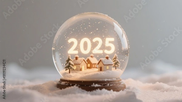 Fototapeta Dreaming of a snowy 2025 with a festive village scene in a glowing snow globe