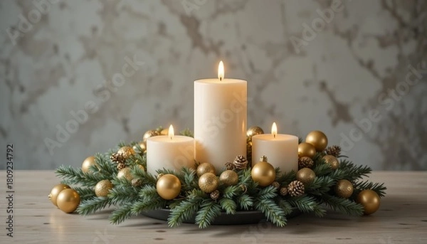 Fototapeta Elegant Christmas candles burning bright create a cozy holiday atmosphere at home