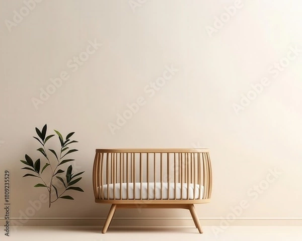 Obraz Scandinavianinspired wooden bedroom with clean lines, a simple baby cradle, and calming earthy tones