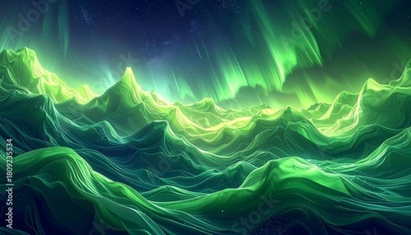 Obraz Green ethereal waves undulate beneath a dark starry sky filled with aurora borealis-like emerald lights