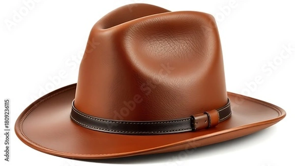 Fototapeta rodeo. A classic brown leather cowboy hat isolated on a white background. public awareness campaigns, NGO reports, designed for public awareness campaigns and NGO communications, clarifies policy.