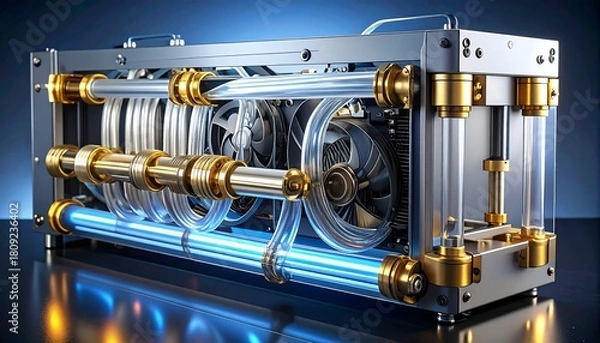 Fototapeta Ornate cooling system featuring gold fittings and glowing blue tubes with visible fans in a metal frame