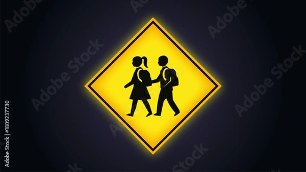 Fototapeta School zone warning sign depicts two young students walking together as a bright yellow graphic icon on a deep dark background