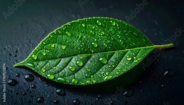 Fototapeta Green leaf covered with dewdrops, lying on a dark, textured surface, highlights detail and freshness
