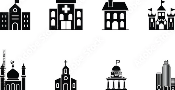Fototapeta Minimalist Black & White Building Silhouettes Icon Set