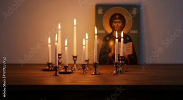 Fototapeta Warm glow of numerous lit candles on a wooden surface before an icon
