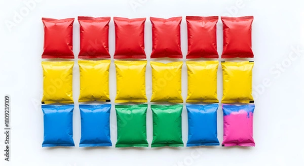 Fototapeta Vibrant rows of colorful foil packets arranged neatly on a clean white background.