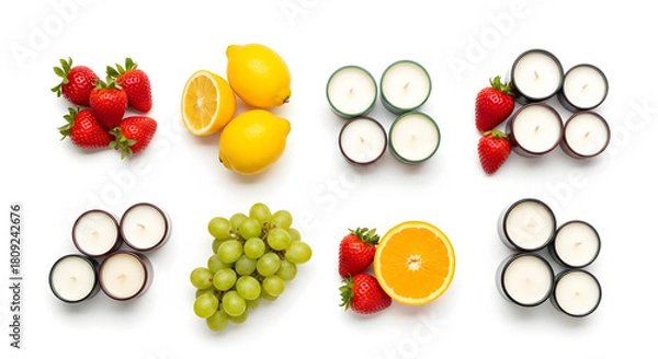Fototapeta Fresh fruits and scented candles arranged in colorful combinations for relaxation and aroma