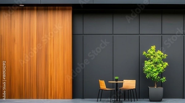 Obraz Contemporary cafe exterior with horizontal timber panels, stylish branding, and an outdoor cafe garden