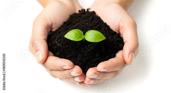 Fototapeta Hands gently holding fresh soil with a new green sprout, symbolizing growth and new beginnings.