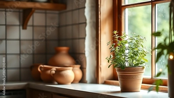 Fototapeta lovage. A potted lovage plant on a sunny windowsill in a rustic kitchen, warm and inviting atmosphere. gardening catalogs, home-decor guides, designed for home decor and floral branding.