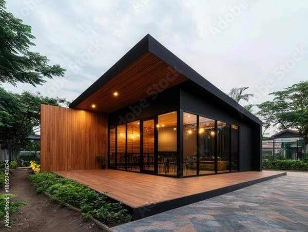 Fototapeta Elegant wooden coffee shop exterior with warm teak paneling, a stone pathway, and integrated soft lighting