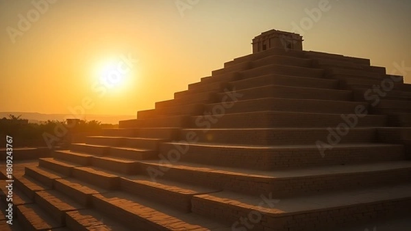 Obraz ziggurat. The stepped terraces of an ancient mud-brick structure under a setting sun. real-estate listings.