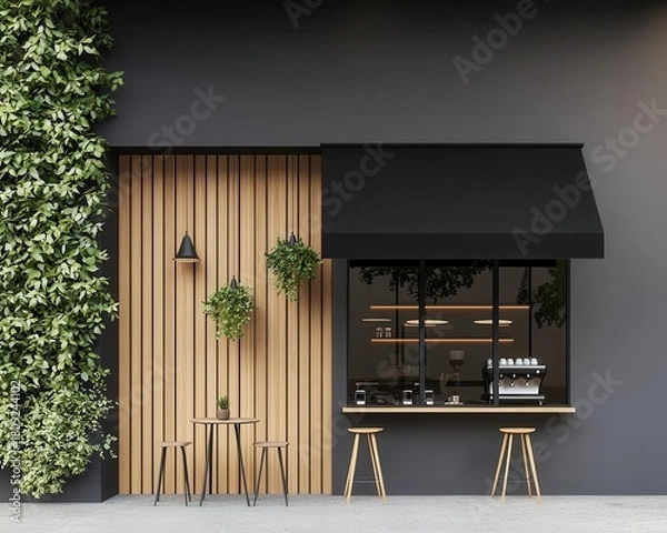 Obraz Minimalist coffee shop exterior with polished wooden paneling, a sleek black awning, and lush greenery