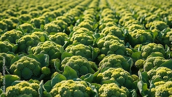 Obraz calabrese. Agricultural field of mature Calabrese broccoli with dense green florets under sunlight. public awareness campaigns.
