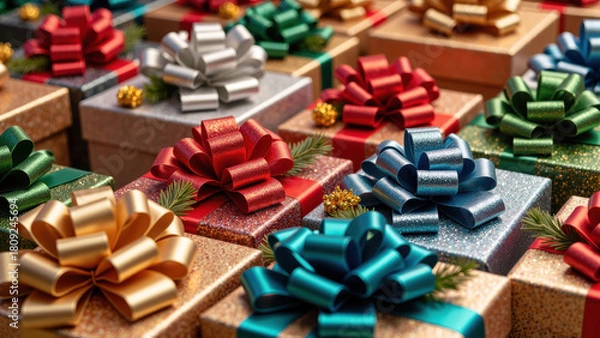 Obraz Colorful gift boxes with decorative bows create festive atmosphere, perfect for celebrations and holidays