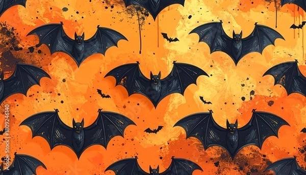 Obraz Many dark bats spread on orange and yellow painted surface