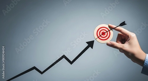 Fototapeta Hand holding target with arrow, growth chart, success and achievement concept