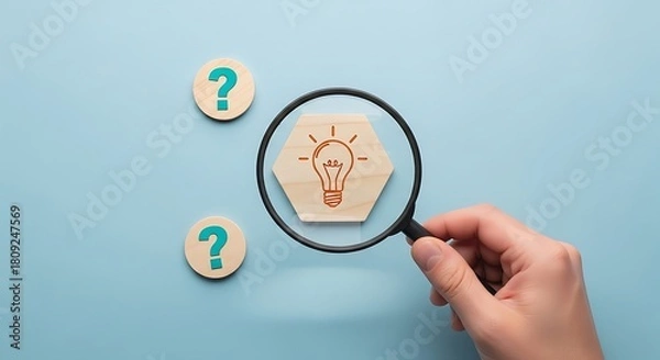 Obraz Magnifying glass focusing on idea bulb between question marks on blue surface