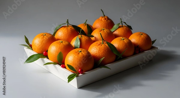 Fototapeta Fresh tangerines with leaves and berries arranged in a white platter, symbolizing abundance and seasonal delight.