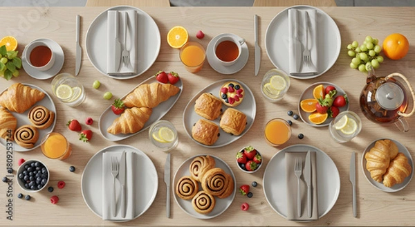 Fototapeta Bright and inviting overhead view of a delicious breakfast spread with pastries, fruit, and tea.