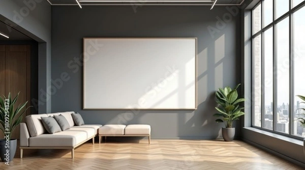 Fototapeta Modern minimalist living room with large blank canvas and city view