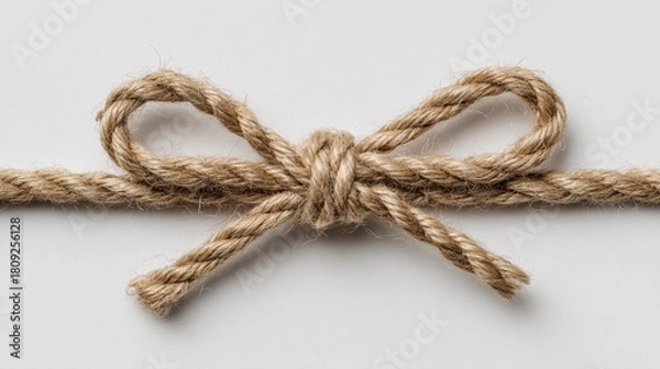 Obraz Minimal still life: twine with bow, textured craft rope on white backdrop