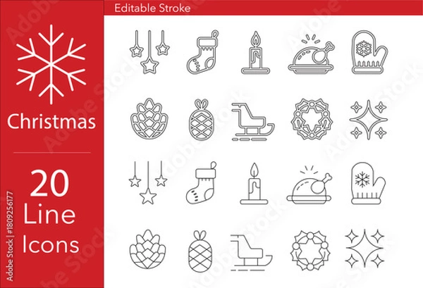 Fototapeta A set of Christmas line icons with editable strokes. Minimalist vector symbols, including a stocking and a sleigh. A modern outline graphic pack for holiday UI design, elements for festive stationery.
