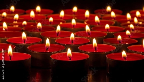 Fototapeta Many red tea lights glow brightly, casting a warm and comforting light against a dark background