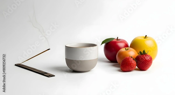 Fototapeta Aromatic incense stick smoldering next to a cup and fresh fruit on a clean white background.
